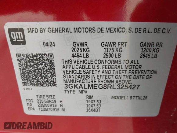 2024 GMC Terrain SLE with VIN 3GKALMEG8RL325427, listed as a IAAI auction lot 42172623 with Not provided miles and . Bid and sale history available at DreamBid. Image 9.
