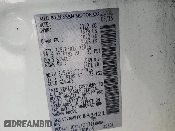 2015 Nissan Rogue SL with VIN 5N1AT2MV9FC883421, listed as a Copart auction lot 52615365 with 64,967 mi miles and Salvage Title. Bid and sale history available at DreamBid. Image 13.