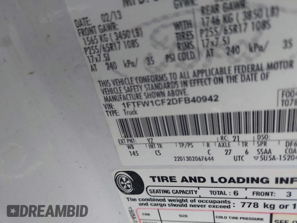 2013 Ford F-150 XL with VIN 1FTFW1CF2DFB40942, listed as a IAAI auction lot 40884111 with 266,063 mi miles and . Bid and sale history available at DreamBid. Image 9.