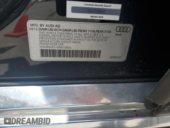 2013 Audi A8 6.3L with VIN WAUR4AFD1DN010893, listed as a Copart auction lot 62693655 with 115,085 mi miles and Salvage title. Bid and sale history available at DreamBid. Image 12.