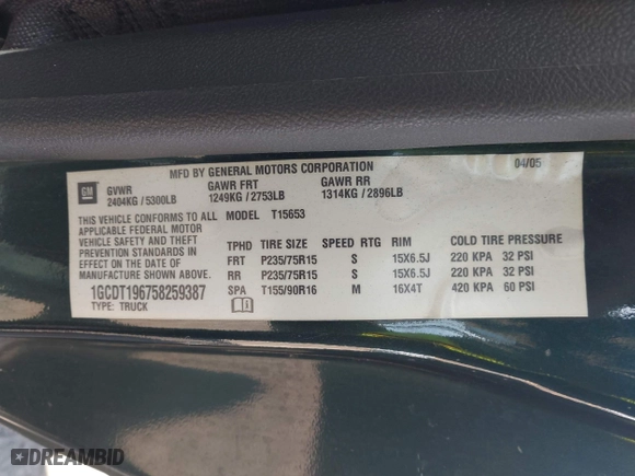 2005 Chevrolet Colorado LS Z71 with VIN 1GCDT196758259387, listed as a IAAI auction lot 42091389 with 191,802 mi miles. Bid and sale history available at carsss.com. Image 9.