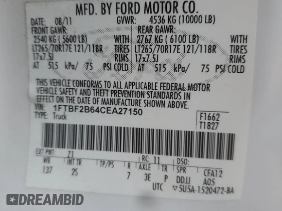 2012 Ford F-250 XL с VIN 1FTBF2B64CEA27150, выставлен на аукционе Copart как лот 47768525 с пробегом 26 023 миль миль и Чистый • Clean title. История ставок и продаж доступна на DreamBid. Изображение 12.