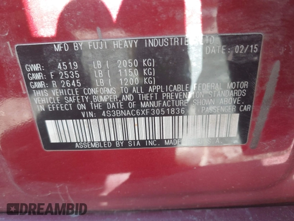 2015 Subaru Legacy Premium with VIN 4S3BNAC6XF3051836, listed as a IAAI auction lot 42146710 with 160,491 mi miles and . Bid and sale history available at DreamBid. Image 9.