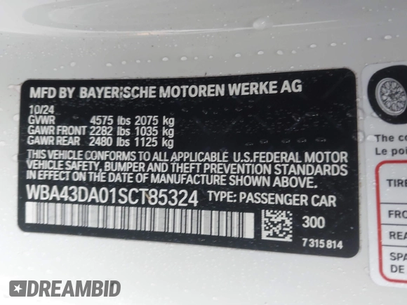 2025 BMW 4 Series 430i with VIN WBA43DA01SCT85324, listed as a IAAI auction lot 41537795 with 773 mi miles and . Bid and sale history available at DreamBid. Image 9.