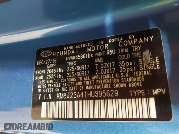 2017 Hyundai Tucson SE with VIN KM8J23A41HU395629, listed as a IAAI auction lot 41340592 with 119,568 mi miles. Bid and sale history available at carsss.com. Image 9.