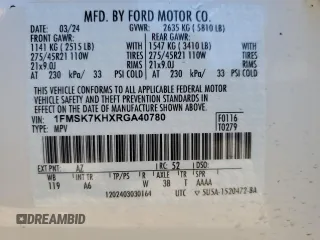 2024 Ford Explorer ST-Line с VIN 1FMSK7KHXRGA40780, выставлен на аукционе Copart как лот 56547445 с пробегом 11 407 миль миль и Списание • Salvage title. История ставок и продаж доступна на DreamBid. Изображение 13.