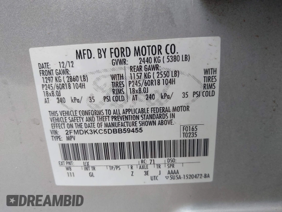2013 Ford Edge Limited с VIN 2FMDK3KC5DBB59455, выставлен на аукционе IAAI как лот 42311857 с пробегом 107 110 миль миль и . История ставок и продаж доступна на DreamBid. Изображение 9.