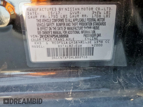 2017 Nissan Versa S with VIN 3N1CN7AP5HL888958, listed as a Copart auction lot 64255495 with 67,417 mi miles and Salvage title. Bid and sale history available at DreamBid. Image 12.