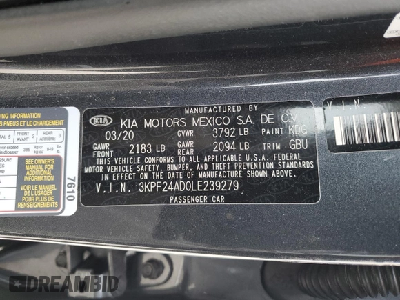 2020 Kia Forte LXS with VIN 3KPF24AD0LE239279, listed as a Copart auction lot 45991895 with 68,296 mi miles and Salvage Title. Bid and sale history available at carsss.com. Image 13.