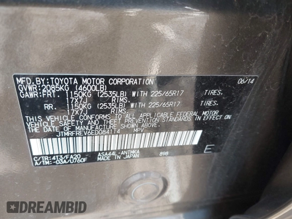 2014 Toyota RAV4 XLE with VIN JTMRFREV6ED084114, listed as a IAAI auction lot 41801049 with 140,042 mi miles and . Bid and sale history available at DreamBid. Image 9.