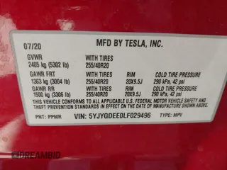 2020 Tesla Model Y Long Range with VIN 5YJYGDEE0LF029496, listed as a IAAI auction lot 41977695 with 47,958 mi miles and . Bid and sale history available at DreamBid. Image 9.