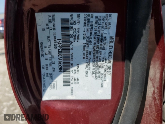 2007 Ford Taurus SE z VIN 1FAFP53U07A165204, wystawiony jako Copart lot #52170345 z przebiegiem Nie podano mil oraz Szkoda całkowita • Salvage title. Historia ofert i sprzedaży dostępna na DreamBid. Obrazek 12.