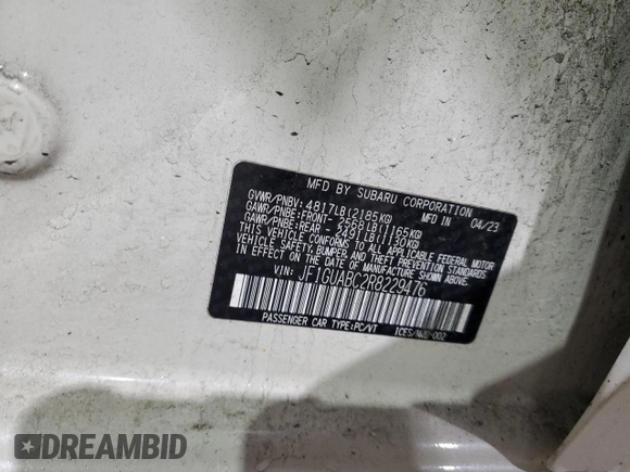 2024 Subaru Impreza с VIN JF1GUABC2R8229476, выставлен на аукционе Copart как лот 42699565 с пробегом Не указан миль и Списание • Salvage title. История ставок и продаж доступна на DreamBid. Изображение 12.