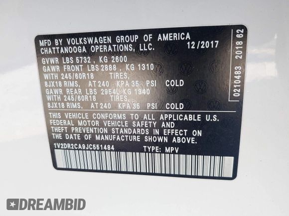 2018 Volkswagen Atlas SE с VIN 1V2DR2CA9JC551484, выставлен на аукционе IAAI как лот 41262713 с пробегом 59 054 миль миль и . История ставок и продаж доступна на DreamBid. Изображение 9.