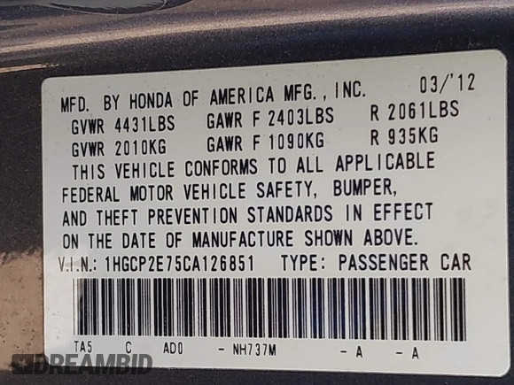 2012 Honda Accord EX with VIN 1HGCP2E75CA126851, listed as a IAAI auction lot 42003144 with 147,735 mi miles and . Bid and sale history available at DreamBid. Image 9.