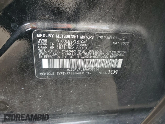 2023 Mitsubishi Mirage SE z VIN ML32FVFJ3PHF06556, wystawiony jako Copart lot #85017264 z przebiegiem 34 585 mil mil oraz Szkoda całkowita • Salvage title. Historia ofert i sprzedaży dostępna na DreamBid. Obrazek 12.