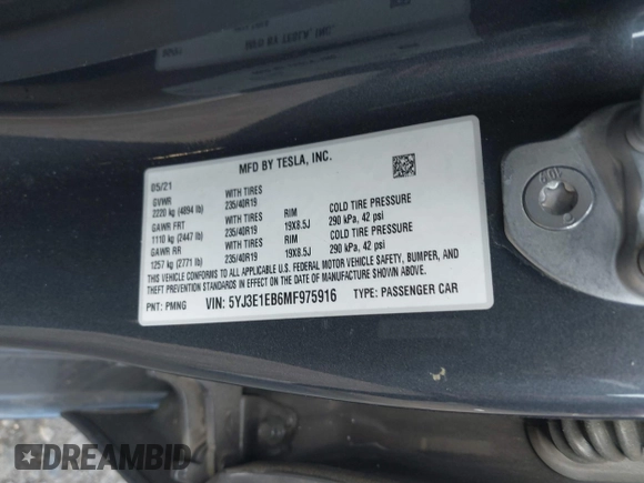 2021 Tesla Model 3 Long Range with VIN 5YJ3E1EB6MF975916, listed as a IAAI auction lot 40713749 with 29,593 mi miles and . Bid and sale history available at DreamBid. Image 9.