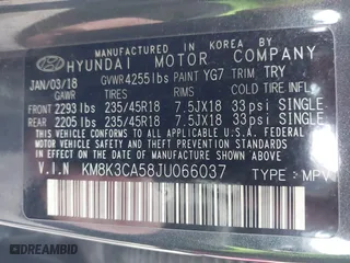 2018 Hyundai Kona Limited with VIN KM8K3CA58JU066037, listed as a IAAI auction lot 41860508 with 109,126 mi miles. Bid and sale history available at carsss.com. Image 9.