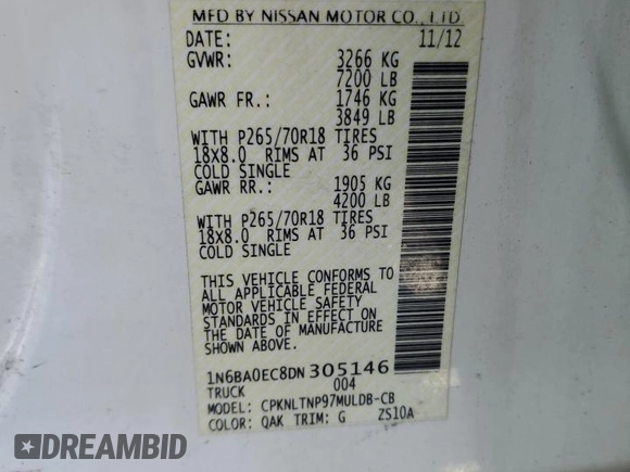 2013 Nissan Titan Pro-4X with VIN 1N6BA0EC8DN305146, listed as a Copart auction lot 86733324 with 196,752 mi miles and Clean title. Bid and sale history available at DreamBid. Image 12.