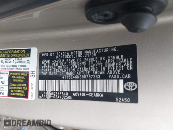 2008 Toyota Camry LE with VIN 4T1BE46K68U787353, listed as a IAAI auction lot 42102712 with 194,091 mi miles and . Bid and sale history available at DreamBid. Image 9.