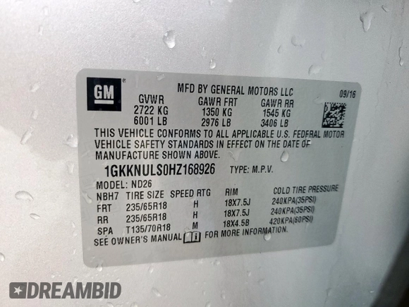 2017 GMC Acadia SLT z VIN 1GKKNULS0HZ168926, wystawiony jako Copart lot #53272485 z przebiegiem 107 133 mil mil oraz Czysty tytuł • Clean title. Historia ofert i sprzedaży dostępna na DreamBid. Obrazek 13.