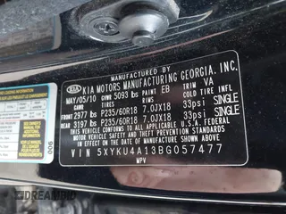 2011 Kia Sorento EX with VIN 5XYKU4A13BG057477, listed as a IAAI auction lot 41512528 with 127,923 mi miles. Bid and sale history available at carsss.com. Image 9.