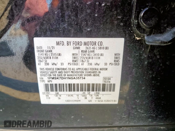 2022 Ford Explorer XLT with VIN 1FMSK7DH1NGA35734, listed as a Copart auction lot 58496155 with 60,526 mi miles and Salvage title. Bid and sale history available at DreamBid. Image 14.