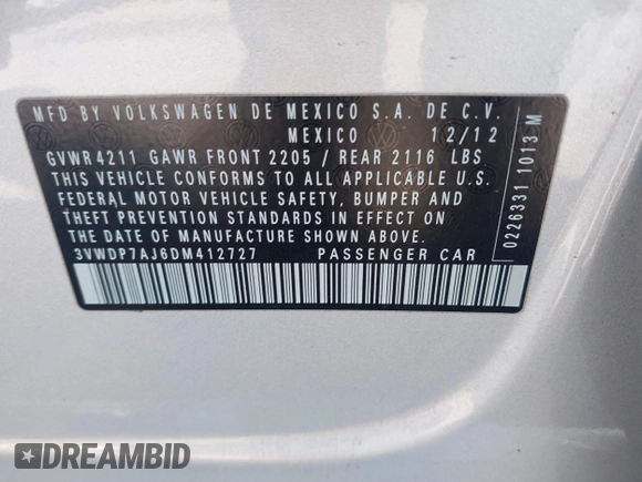 2013 Volkswagen Jetta SE with VIN 3VWDP7AJ6DM412727, listed as a IAAI auction lot 41824054 with 175,093 mi miles and . Bid and sale history available at DreamBid. Image 9.