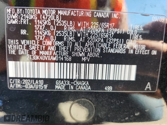 2010 Toyota RAV4 Limited with VIN 2T3DK4DVXAW014168, listed as a Copart auction lot 62965025 with 160,046 mi miles and Salvage title. Bid and sale history available at DreamBid. Image 12.