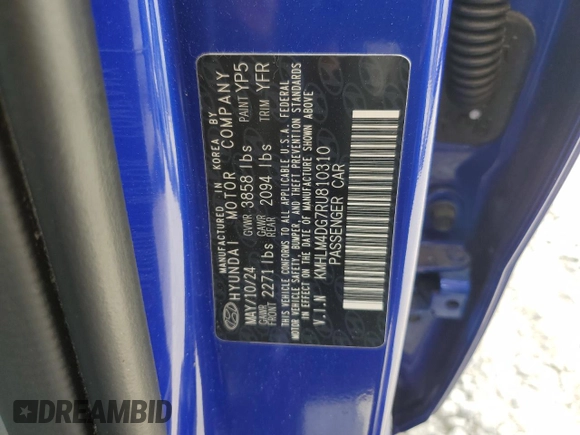 2024 Hyundai Elantra SEL z VIN KMHLM4DG7RU810310, wystawiony jako Copart lot #52614015 z przebiegiem 7 701 mil mil oraz Szkoda całkowita • Salvage title. Historia ofert i sprzedaży dostępna na DreamBid. Obrazek 12.