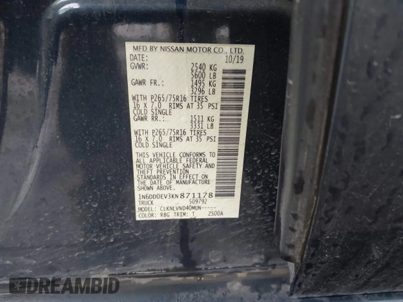 2019 Nissan Frontier SV z VIN 1N6DD0EV3KN871178, wystawiony jako IAAI lot #41214590 z przebiegiem 95 415 mil mil oraz . Historia ofert i sprzedaży dostępna na DreamBid. Obrazek 9.