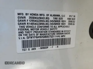 2016 Honda Pilot Touring with VIN 5FNYF6H92GB057531, listed as a Copart auction lot 54354145 with 86,806 mi miles and Salvage Title. Bid and sale history available at DreamBid. Image 13.