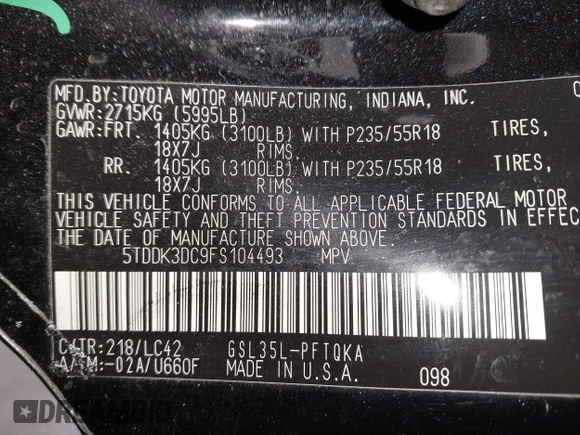 2015 Toyota Sienna Limited with VIN 5TDDK3DC9FS104493, listed as a IAAI auction lot 42055937 with 126,728 mi miles and . Bid and sale history available at DreamBid. Image 9.