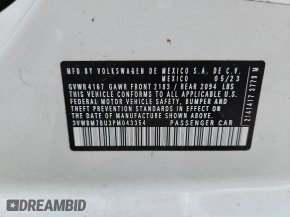 2023 Volkswagen Jetta Sport with VIN 3VWBM7BU3PM043354, listed as a Copart auction lot 62696865 with 30,596 mi miles and Salvage title. Bid and sale history available at DreamBid. Image 13.