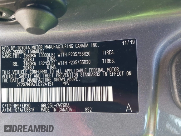 2020 Lexus RX 350 F Sport with VIN 2T2SZMDA7LC224154, listed as a IAAI auction lot 41745850 with 74,140 mi miles and . Bid and sale history available at DreamBid. Image 9.