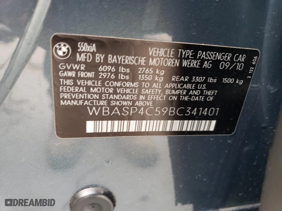 2011 BMW 5 Series Gran Turismo 550i xDrive with VIN WBASP4C59BC341401, listed as a Copart auction lot 61676474 with 75,463 mi miles and Salvage Title. Bid and sale history available at carsss.com. Image 13.