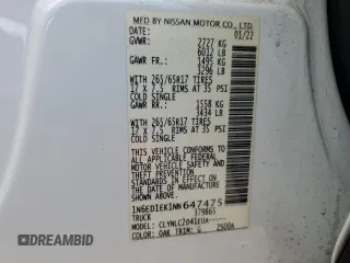 2022 Nissan Frontier SV with VIN 1N6ED1EK1NN647475, listed as a Copart auction lot 58394895 with 47,302 mi miles and Salvage title. Bid and sale history available at DreamBid. Image 7.