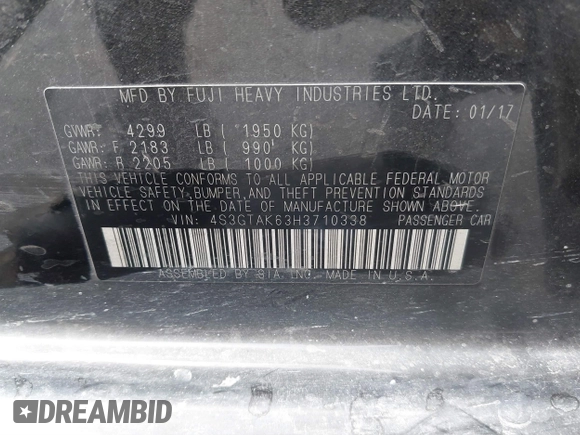 2017 Subaru Impreza Special Sports with VIN 4S3GTAK63H3710338, listed as a IAAI auction lot 41907585 with 99,338 mi miles and . Bid and sale history available at DreamBid. Image 9.