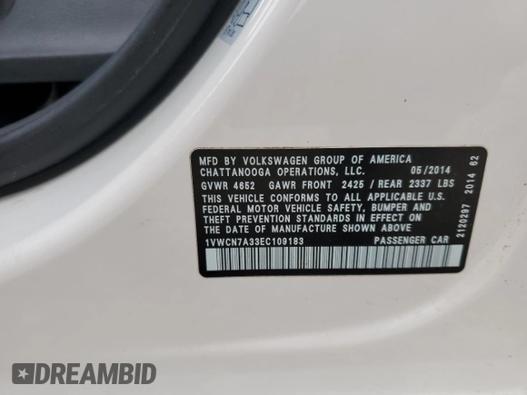 2014 Volkswagen Passat SEL Premium with VIN 1VWCN7A33EC109183, listed as a Copart auction lot 61369595 with 146,794 mi miles and Salvage title. Bid and sale history available at DreamBid. Image 12.