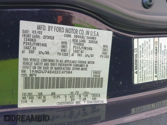 2002 Ford Explorer Eddie Bauer z VIN 1FMDU74E42ZC47584, wystawiony jako IAAI lot #42456721 z przebiegiem 141 518 mil mil oraz . Historia ofert i sprzedaży dostępna na DreamBid. Obrazek 9.
