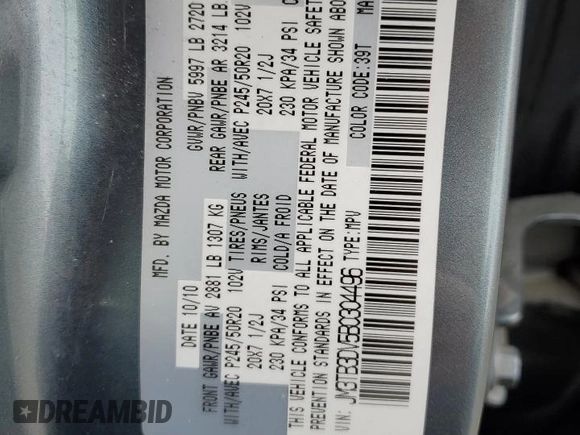 2011 Mazda CX-9 Grand Touring with VIN JM3TB3DV5B0304496, listed as a Copart auction lot 50094855 with 284,580 mi miles and Salvage Title. Bid and sale history available at DreamBid. Image 16.