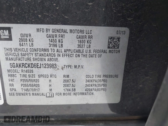 2014 Buick Enclave Premium with VIN 5GAKRCKD6EJ123983, listed as a IAAI auction lot 41886038 with 209,415 mi miles and . Bid and sale history available at carsss.com. Image 9.