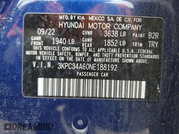2022 Hyundai Accent Limited with VIN 3KPC34A60NE188192, listed as a Copart auction lot 44692355 with 51,752 mi miles and Salvage Title. Bid and sale history available at carsss.com. Image 12.