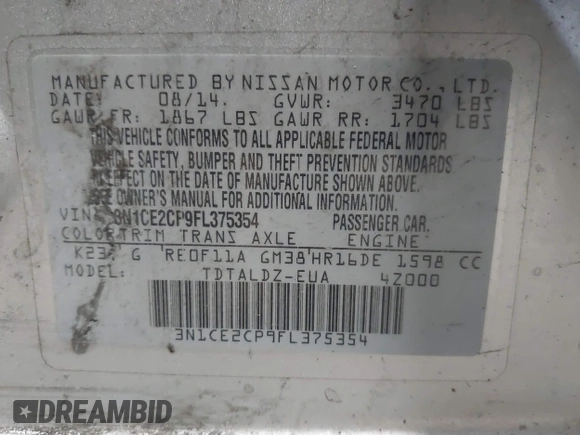 2015 Nissan Note S with VIN 3N1CE2CP9FL375354, listed as a IAAI auction lot 42333993 with 95,452 mi miles and . Bid and sale history available at DreamBid. Image 9.