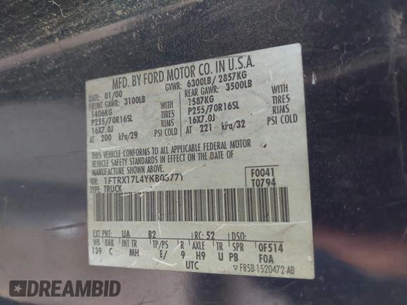 2000 Ford F-150 XL with VIN 1FTRX17L4YKB03771, listed as a IAAI auction lot 41668491 with 1 mi miles. Bid and sale history available at carsss.com. Image 9.