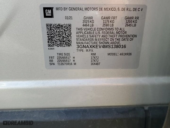 2021 Chevrolet Equinox LT with VIN 3GNAXKEV4MS138016, listed as a Copart auction lot 53810465 with 32,325 mi miles and Salvage Title. Bid and sale history available at carsss.com. Image 13.