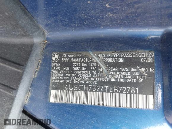 1996 BMW 3 Series Z3 1.9 z VIN 4USCH7327TLB72781, wystawiony jako IAAI lot #42422169 z przebiegiem Nie podano mil oraz . Historia ofert i sprzedaży dostępna na DreamBid. Obrazek 9.