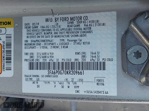 2019 Ford Fusion S with VIN 3FA6P0G70KR209661, listed as a IAAI auction lot 40319091 with 46,466 mi miles and . Bid and sale history available at DreamBid. Image 9.
