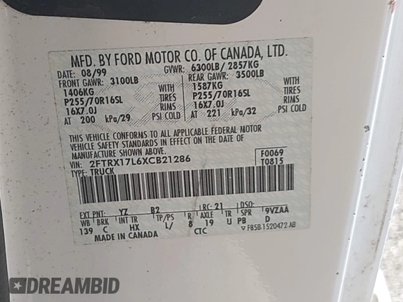1999 Ford F-150 XL with VIN 2FTRX17L6XCB21286, listed as a IAAI auction lot 41891244 with Not provided miles and . Bid and sale history available at DreamBid. Image 9.