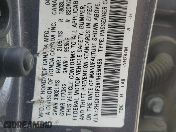 2017 Honda Civic EX-T with VIN 2HGFC1F38HH650468, listed as a Copart auction lot 53440175 with 99,051 mi miles and Salvage Title. Bid and sale history available at carsss.com. Image 12.